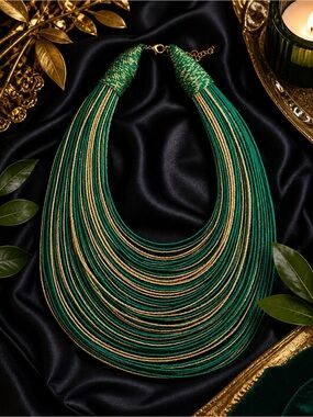 Handmade India Silk Thread Multi-Strand Statement Bib Necklace in Green & Gold